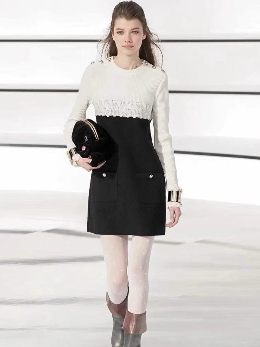 CHANEL White & Black Two-Tone Knit Dress-Top with Lace and Button Accents - Picture 8 of 8